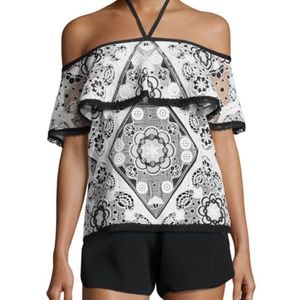 Alexis Off-The-Shoulder Contrast-Trim Top, Black/White